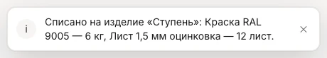 Сообщение после закрытия «Раскроя ступеней»: «Списано на изделие „Ступень“: Краска RAL 9005 — 6 кг, Лист 1,5 мм оцинковка — 12 лист»