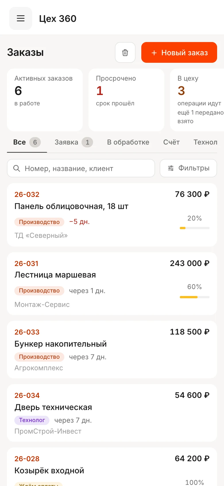 Список заказов на телефоне: сводка, вкладки стадий и карточки заказов с суммой и готовностью